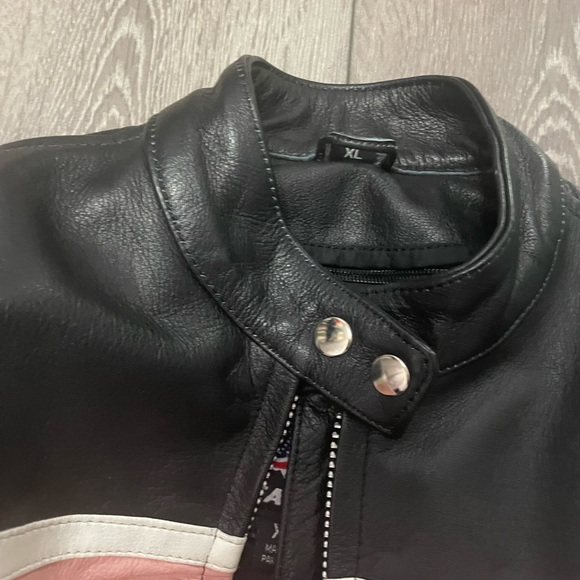 Black & pink 100% leather moto jacket with side zips removable quilted liner XL - Picture 6 of 12